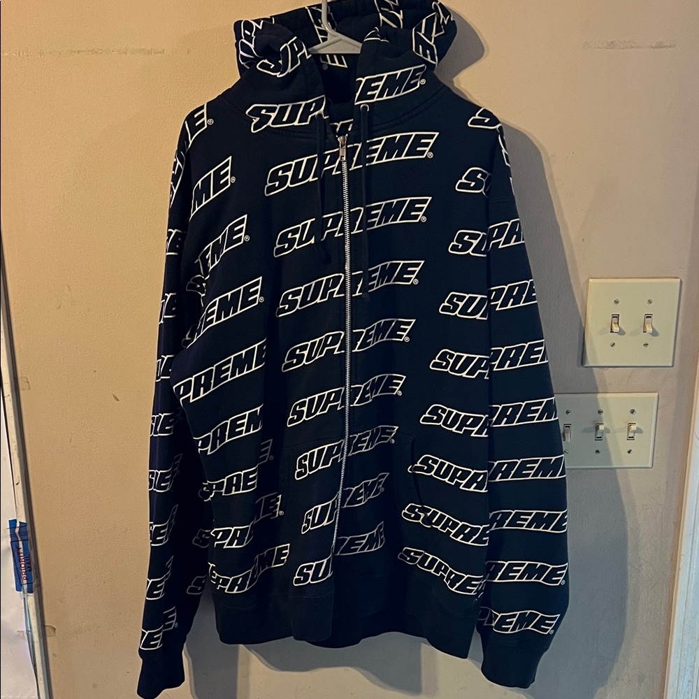 SUPREME REPEAT ZIP UP HOODED SWEATSHIRT BLACK/WHITE SIZE XL SS18